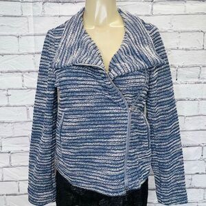 Loft Womens Blue Cream Striped Tweed Knit Asymmetrical Zip Moto Jacket Small NWT